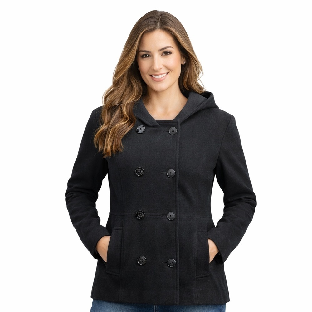 Chelsea Campbell Black Wool Hooded Pea Coat Size S